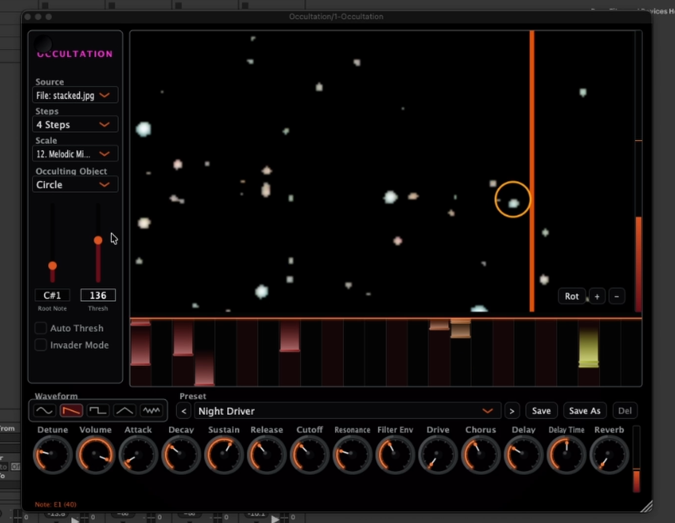 The Occultation plugin: a stacked astrophotography frame being swept by the sequencer cursor, a piano roll of recent notes beneath it, and the synth panel below